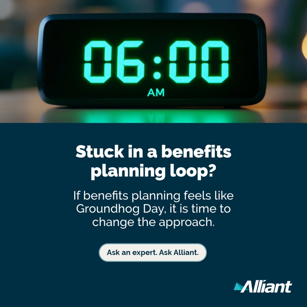 Alarm clock reading 6:00 AM with the headline Stuck in a benefits planning loop?