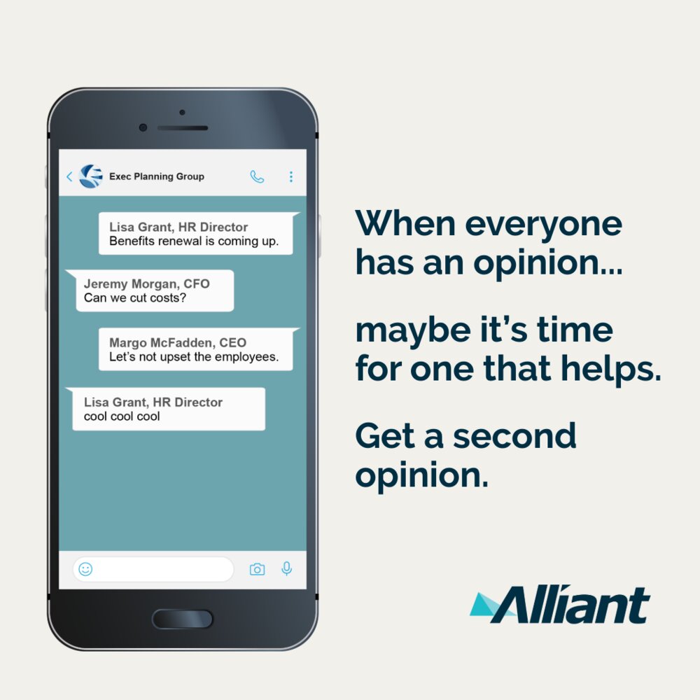 Phone showing an executive group chat where everyone has an opinion, with the line Get a second opinion