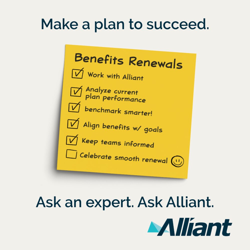 Sticky note checklist for benefits renewals with the headline Make a plan to succeed