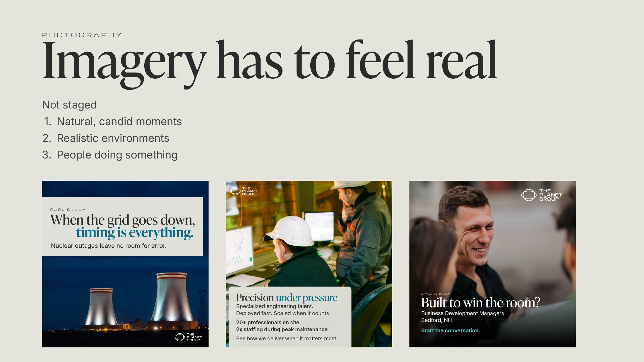 Photography guidelines, imagery has to feel real, with three example posts
