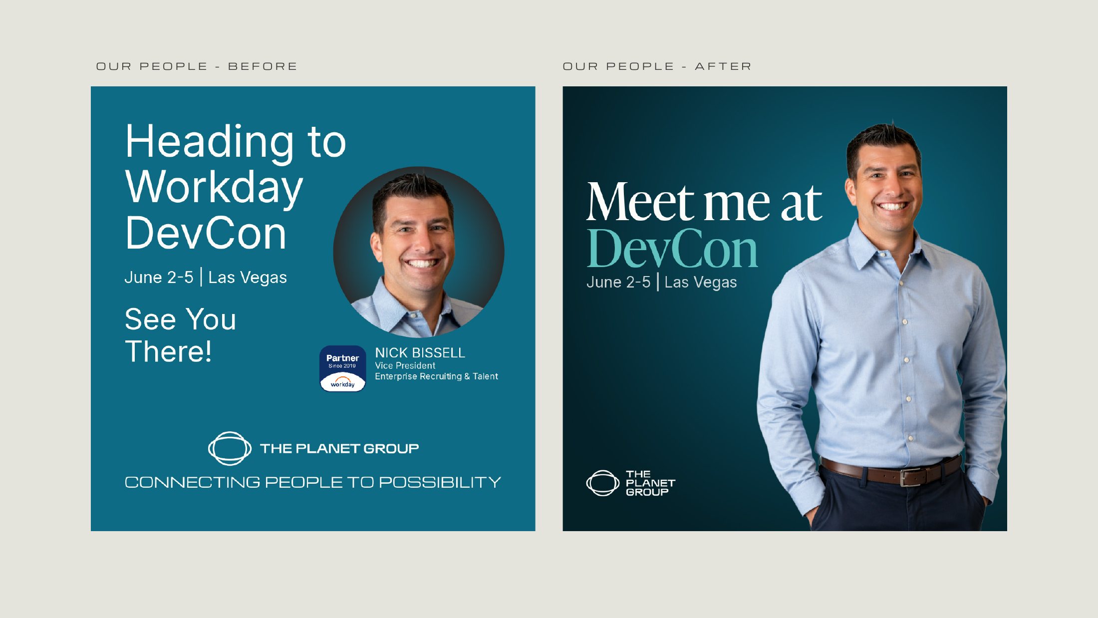 Before and after of an event post for a TPG vice president attending Workday DevCon