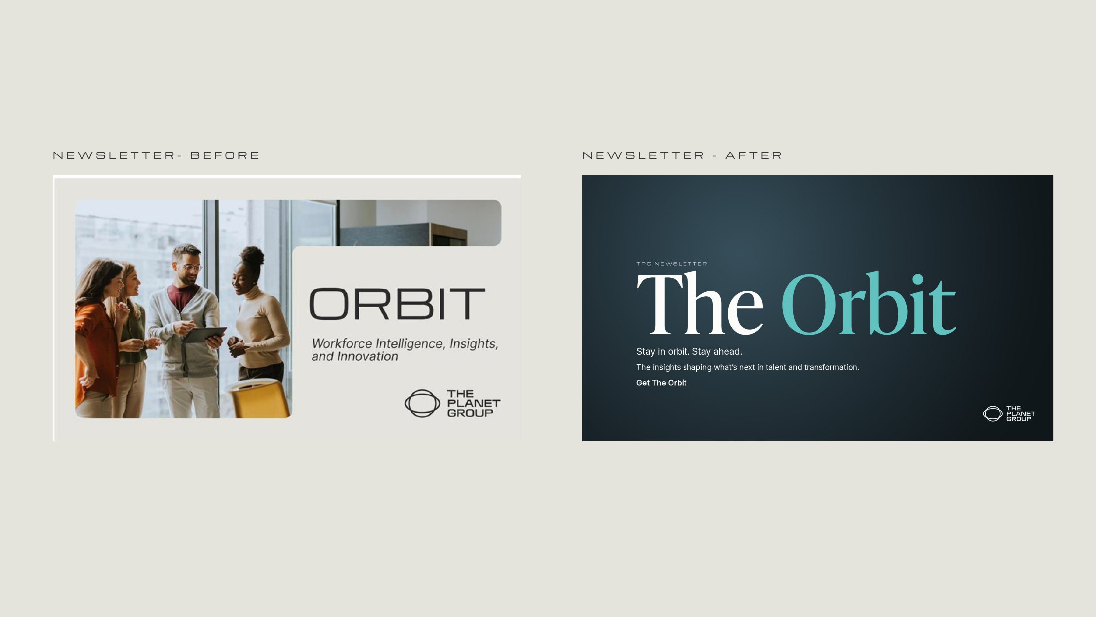Before and after of the TPG newsletter header, The Orbit