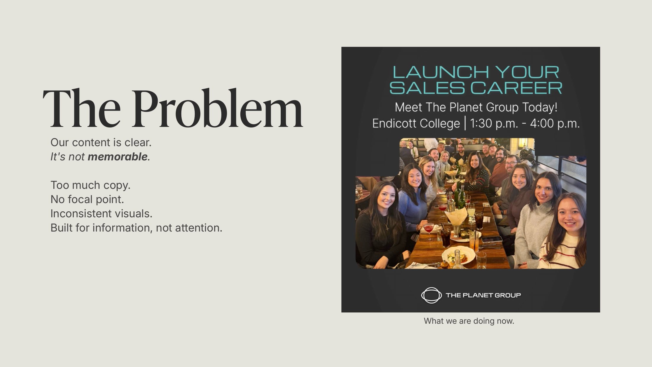 The problem: a cluttered recruiting post in all caps with a cut-out group photo