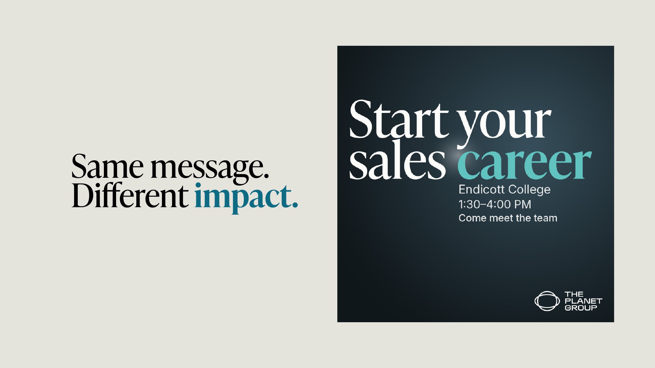 The same recruiting post redesigned with a single large serif headline