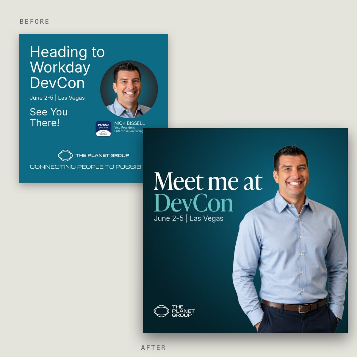 Before and after of a TPG event post: a cluttered Heading to Workday DevCon graphic, then the redesigned Meet me at DevCon post